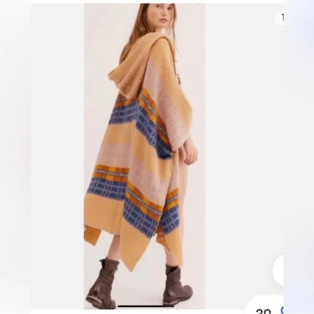 Free People Mercer Hooded Kimono Poncho Bohemian Plaid Stripe Knit Sweater - Picture 5 of 7